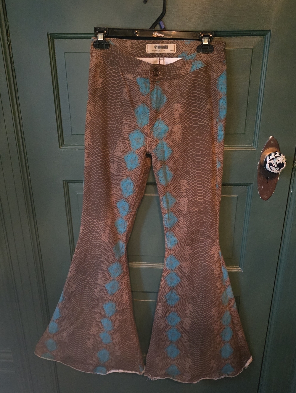 Brown & Teal Snake-Print Flare Jeans